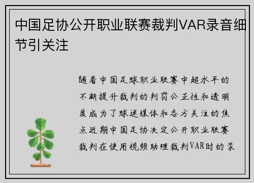 中国足协公开职业联赛裁判VAR录音细节引关注 中国足协公开职业联赛裁判VAR录音细节引关注