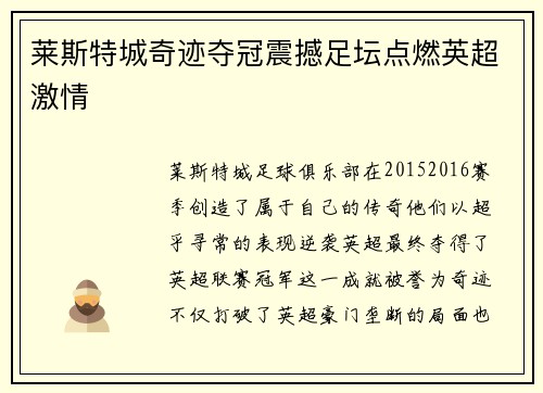 莱斯特城奇迹夺冠震撼足坛点燃英超激情 莱斯特城奇迹夺冠震撼足坛点燃英超激情